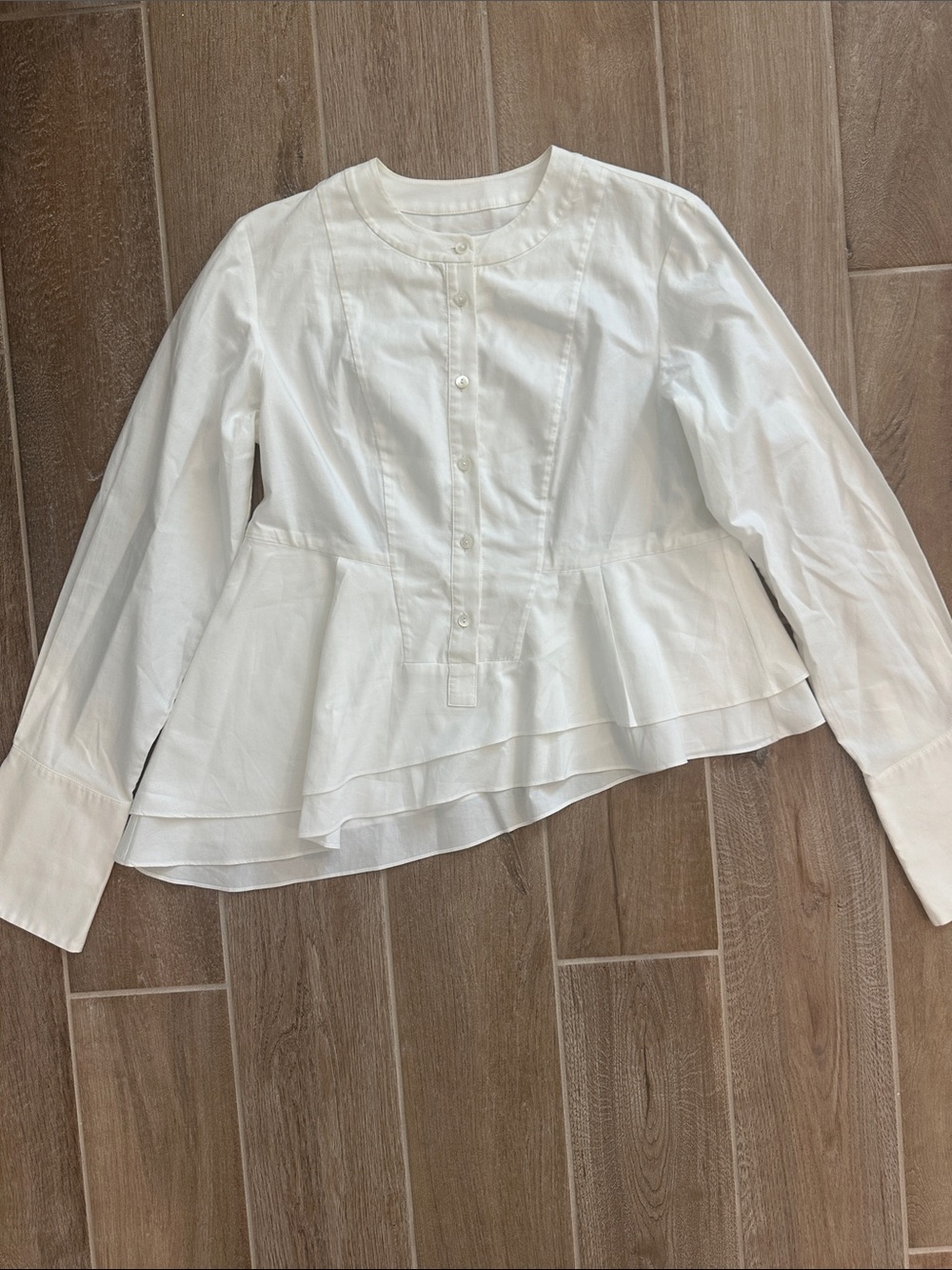 Carven White Long-Sleeve Peplum Button-Up Blouse
